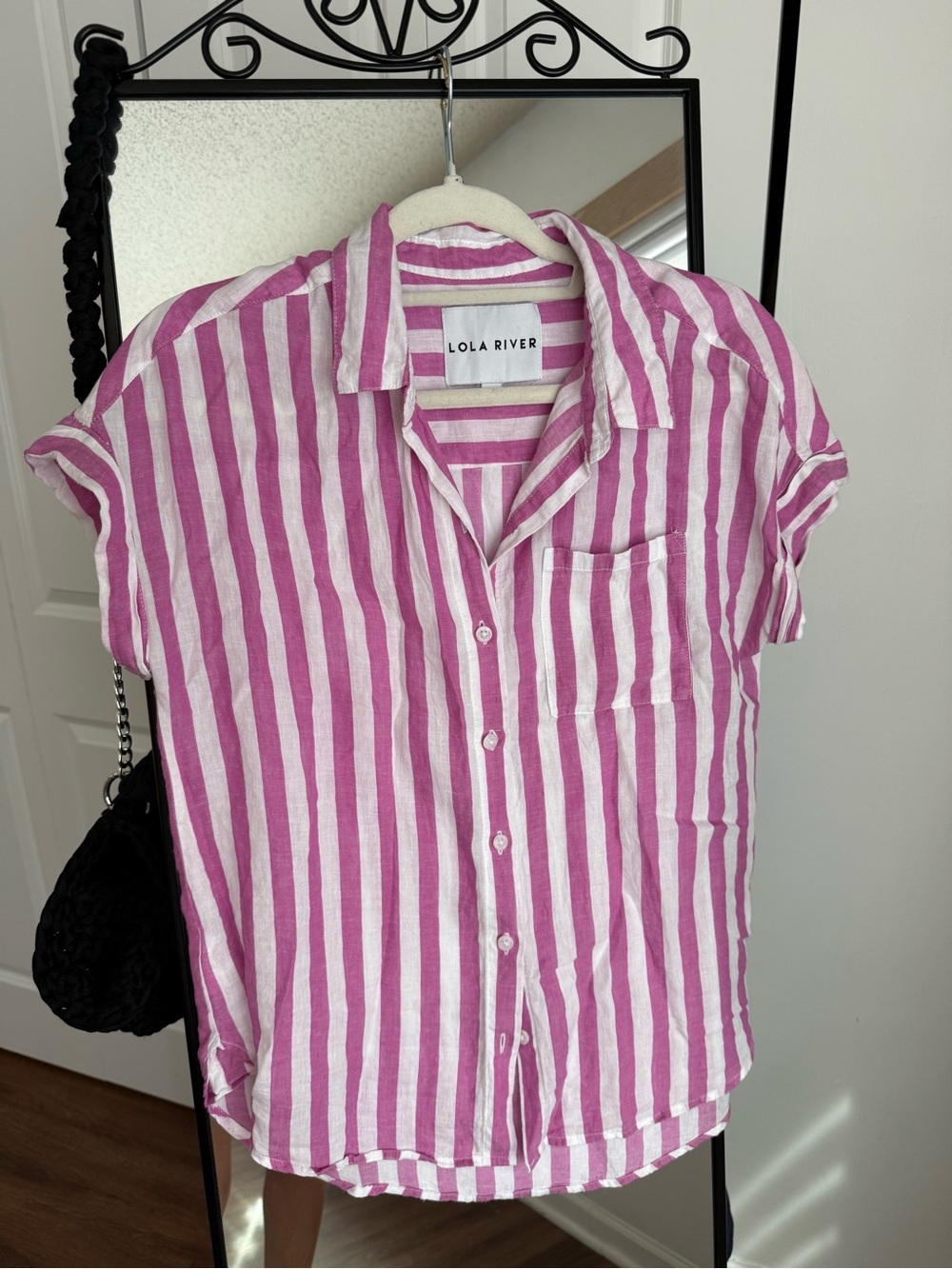 Lola River Pink & White Striped Short Sleeve Button-Down Shirt